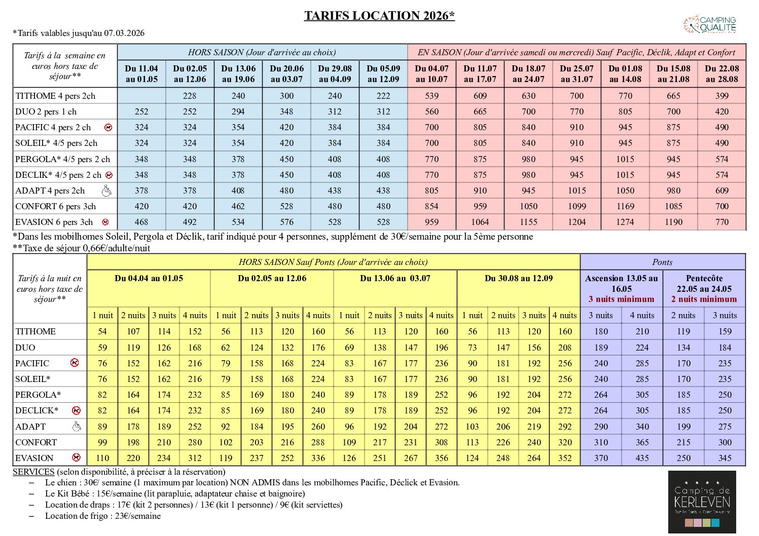 Plaquette tarifs 2026